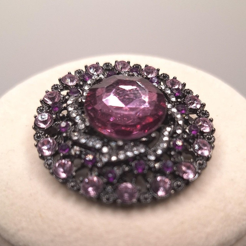 Vintage flower brooch pink purple rhinestones Victorian revival Baroque gunmetal